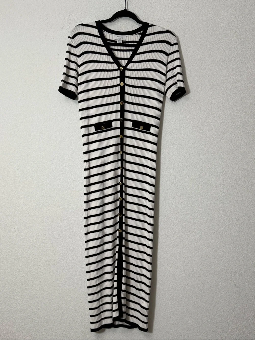 Seraphine Eden Rib Knit Dress Black White Striped Button Midi Size US 4